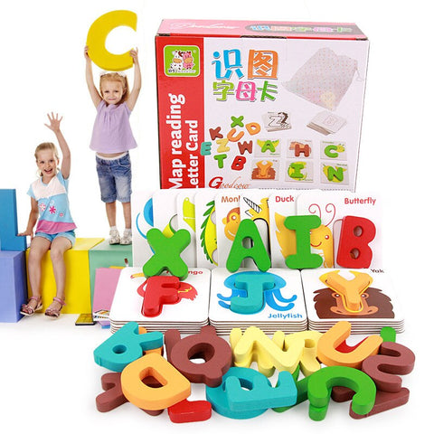 Fun Wooden Early Education Baby English Learning ABC Alphabet Letter Cards Cognitive Animal Puzzle Toys