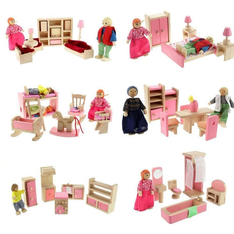 Dollhouse Furniture Double Bed with Pillows and Blanket Wooden Doll Bathroom Furniture Dollhouse Miniature Kids Child Play Toy