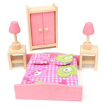 Dollhouse Furniture Double Bed with Pillows and Blanket Wooden Doll Bathroom Furniture Dollhouse Miniature Kids Child Play Toy