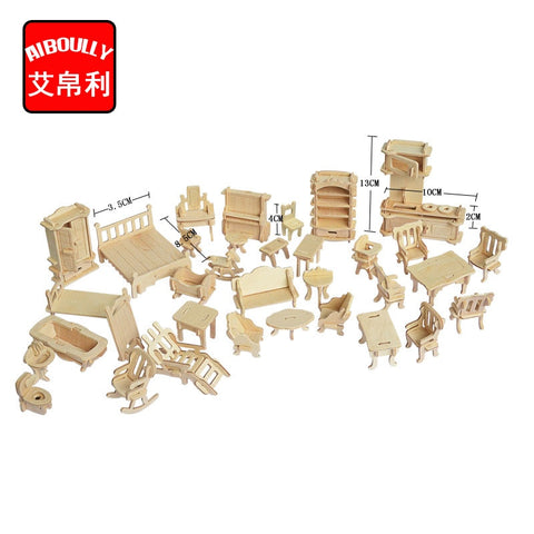 1SET=34PCS ,  AIBOULLY Wooden Doll House Dollhouse Furnitures Jigsaw Puzzle Scale Miniature Models DIY Accessories Set