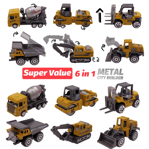 6 Metal Diecast Toy Vehicles Alloy Toy Car Toy model 1:64 Roller Dump Truck Excavator Bulldozer Tanker Forklift Tractor Toy Set