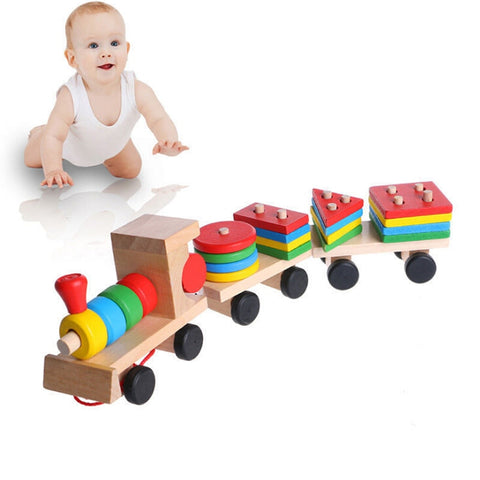 Hot Selling 2018 Kids Baby Developmental Toys Wooden Train Truck Set Geometric Blocks Wonderful Gift Toy