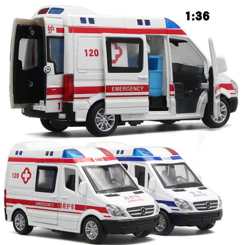 1:32 Hospital Rescue Police Alloy Ambulance Vehicle with Sound Light Diecast Car Model Toys for Gift With Pull Back For Children