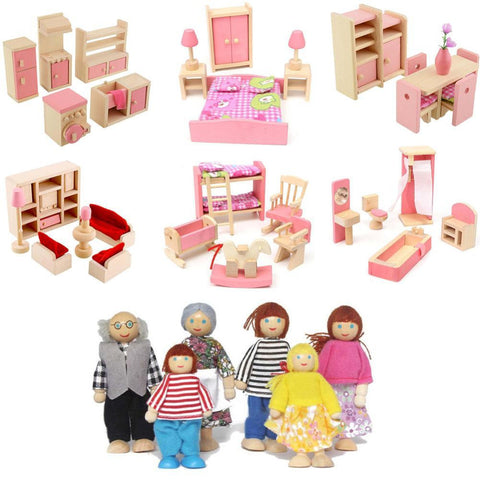 Wooden Delicate Dollhouse Furniture Toys Set Miniature For Kids Pretend Play Rooms Set Dressed Pretend Dolls Simulation Toys